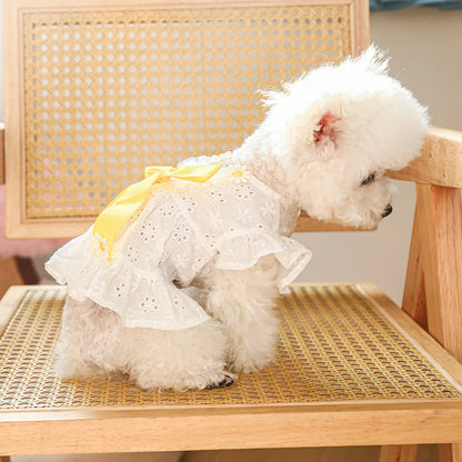 White Hollow Bow Pet Dress: Elegant & Breathable Summer Outfit