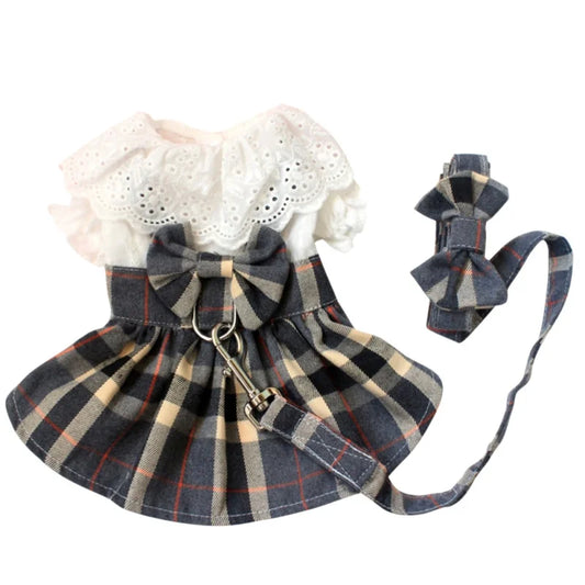 Plaid Pawprints Pet Dress & Leash Set - Stylish Spring & Autumn Dog Apparel