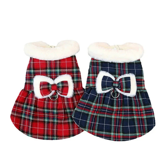 Cozy Plaid Dog Skirt with Faux Fur & Bow - Perfect for Winter