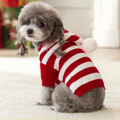 Classic Striped Dog Sweater with Hat – Winter Puppy Clothes for Small Dogs – PoochWear