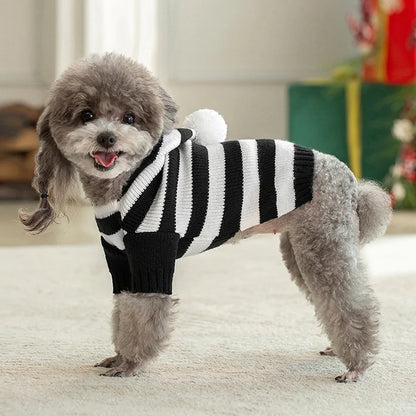 Classic Striped Dog Sweater with Hat – Winter Puppy Clothes for Small Dogs – PoochWear